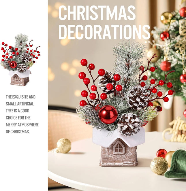 Small Christmas Tree with Snow Tabletop Decor with Ornaments, Pine & Berry