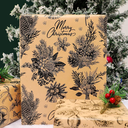 Brown Christmas Wrapping Paper 6 Sheets 27x37 Inch Rustic Vintage Design