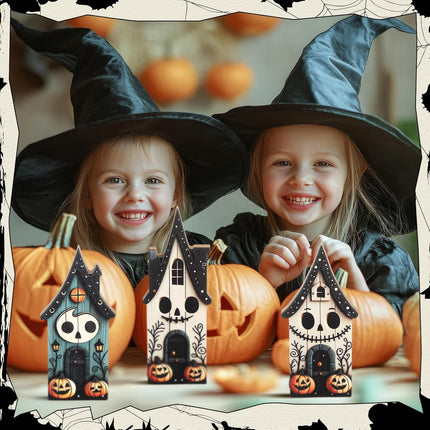 3-Piece Halloween Wooden Haunted House Signs, Pumpkin & Ghost Tiered Tray Decor
