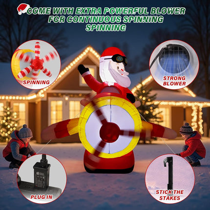 8FT Inflatable Santa on Airplane – LED Lights, Outdoor Xmas Decoration