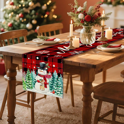 Christmas Table Runner, Red with Buffalo Plaid & Snowman Design for Festive Dining