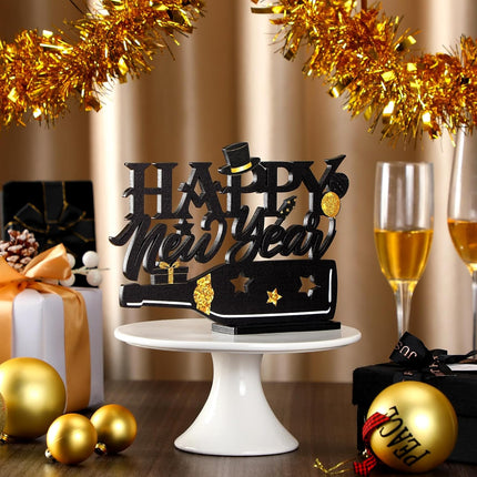 New Year 2026 Wood Table Centerpiece – Black & Gold Glitter Party Sign