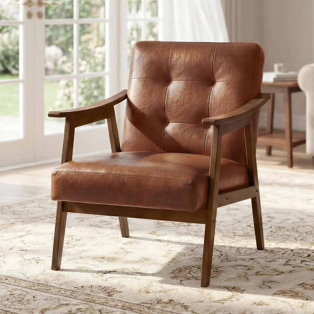 Tan PU Leather Accent Chair, Mid-Century Modern Button-Tufted Armchair with Thick Cushion