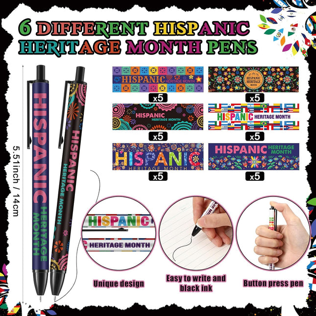 30 Sets Hispanic Heritage Month Pens & Bookmarks – Ballpoint, World Flags for School