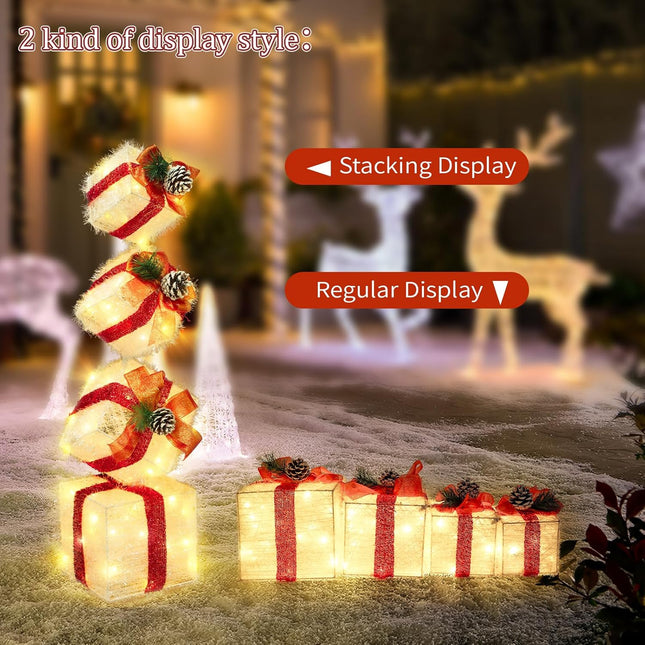 4-Pack Lighted Christmas Nesting Gift Boxes, 2.8ft, Battery Timer for Holiday Decor