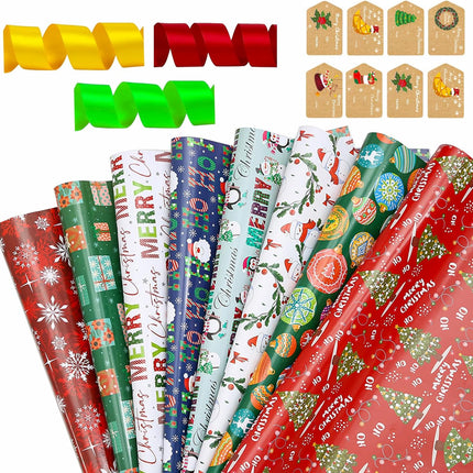 8PCS Christmas Wrapping Paper Set – Sheets, Tags, Stickers & Ribbons 28"x20"