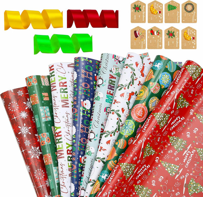 8PCS Christmas Wrapping Paper Set – Sheets, Tags, Stickers & Ribbons 28"x20"
