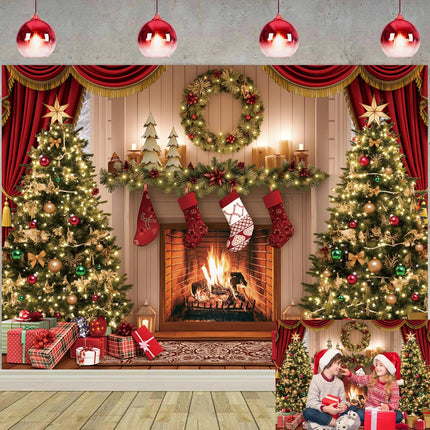 Christmas Photography Backdrop – 6x4FT Tree & Fireplace Winter Party Banner