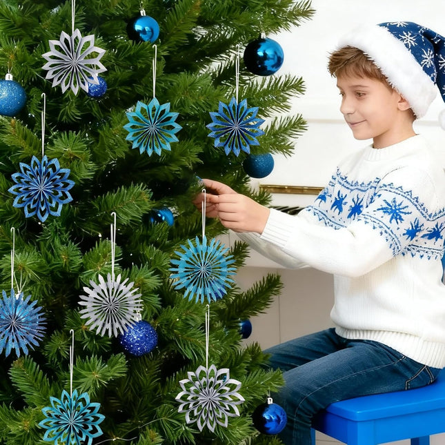 9pcs Blue Christmas Ornaments – 3D White Paper Snowflake Hanging Decor