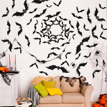 120-Piece 3D Halloween Bat Decorations, 5 Sizes Wall Stickers for Indoor Decor
