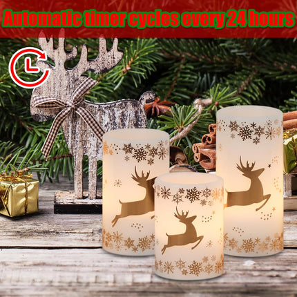 Christmas Flameless LED Candles 3D Wick Snowflake Reindeer with 6H Timer