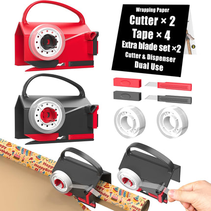 2-Pack Gift Wrap Cutter & Tape Dispenser – Includes 4 Tapes & 2 Blades Kit