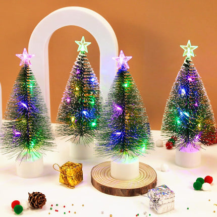 4-Piece Mini Christmas Tree Set with Lights – 7-Inch Multi-Color Artificial Tabletop Pine Trees