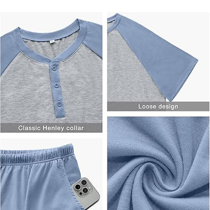Men’s 2 Piece Henley Pajama Set Lightweight Short Sleeve Sleepwear