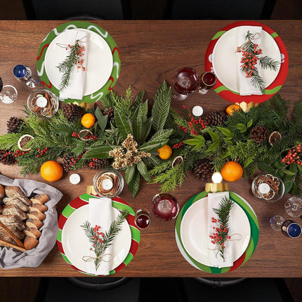 120PCS Christmas Paper Placemats Disposable Set – Red & Green Candy Cane Elf Round Designs