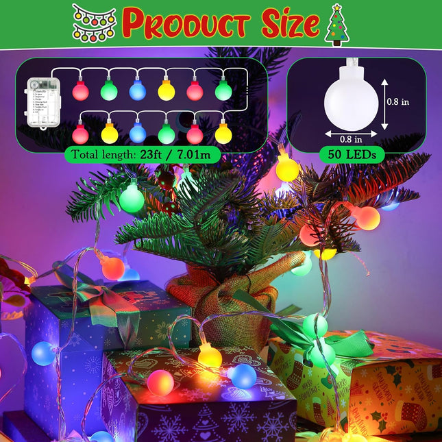 23FT 50 LED Battery Operated Christmas String Lights Globe Starry Fairy Lights