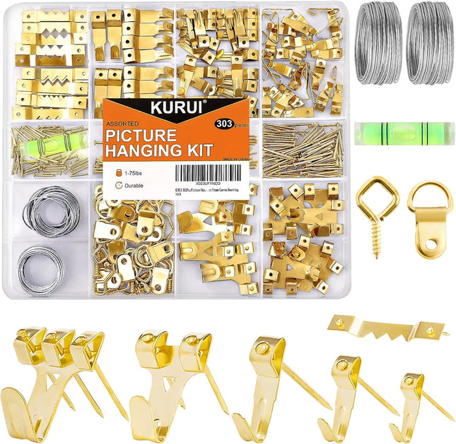 303-Piece Picture Hanging Kit – Heavy Duty Hooks, Nails, Wire, D-Rings & Level