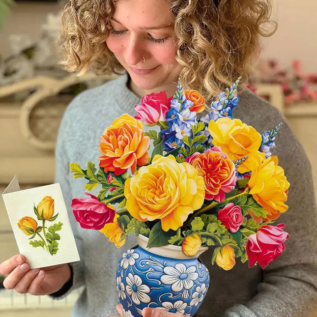 Sorbet Roses 3D Pop-Up Greeting Card, 13-Inch Floral Bouquet Notecard and Envelope