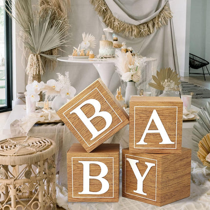 Baby Shower Boxes – 4 Wooden Blocks with BABY Letters, 1st Birthday Balloon Boxes