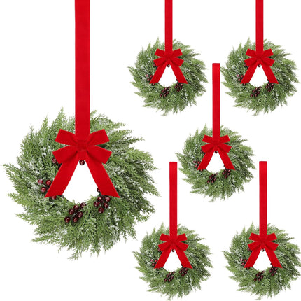 6 Mini Norfolk Christmas Wreaths 15-Inch Real Touch Bow Perfect Kitchen Cabinets & Holiday Decor