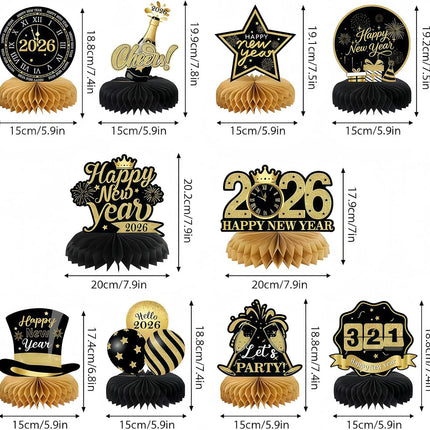 10 PCS Happy New Year 2026 Honeycomb Centerpieces Black & Gold Table Decor