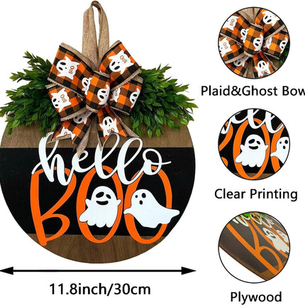 Halloween Ghost Wreath, Wooden Door Sign Hanger for Front Door Halloween Decor