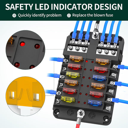12-Way 12V/24V ATO/ATC Blade Fuse Block, LED Indicator Marine Fuse Panel