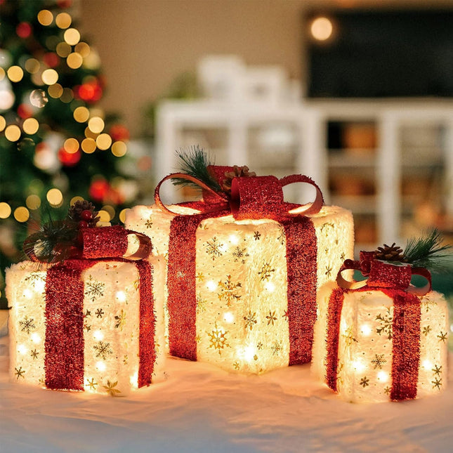 3 Light-Up Christmas Gift Boxes – 60 LED, Battery Operated Holiday Decor