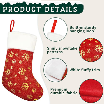 12pcs Red Christmas Stockings 18” – Gold Snowflakes, Sparkling Holiday Decor