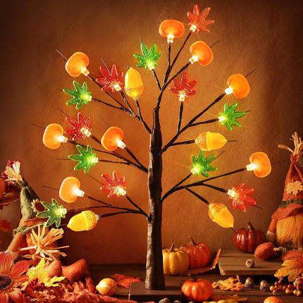 Thanksgiving LED Maple Tree 24" with 3D Pumpkin Light Fall Home Table Decoration