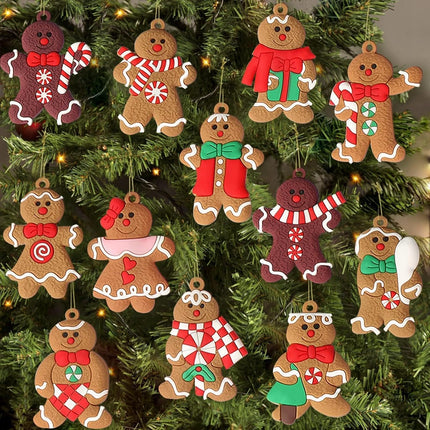 12PCS Gingerbread Man Ornaments – 3" Christmas Tree Hanging Decorations