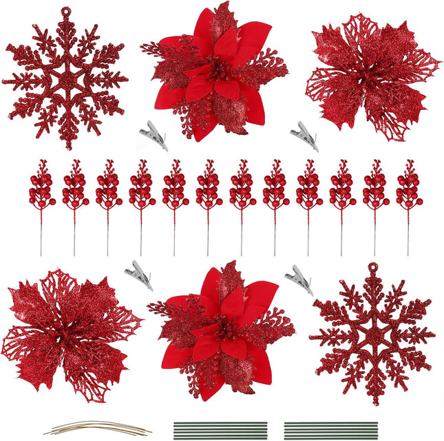 60 Pcs Christmas Poinsettia Flowers & Berry Picks – Glittery Artificial Decor in 3 Styles