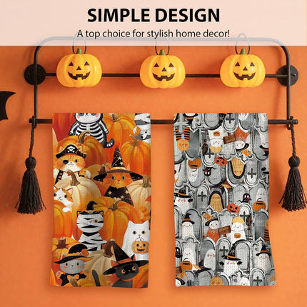 Cat Lover Kitchen Towels 2-Pack, Pumpkin Waffle Towels for Christmas & Fall