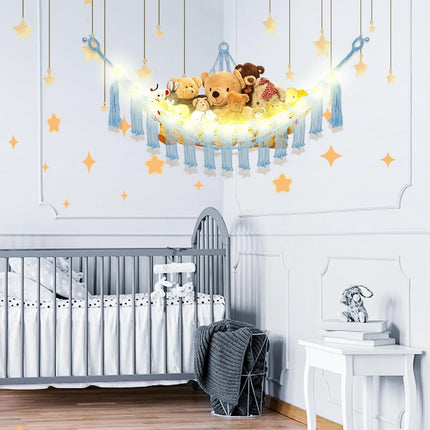 Stuffed Animal Storage Hammock – LED Light Plushie Net for Kids Room Decor (Baby Blue)