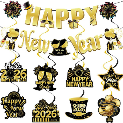 Happy New Year 2026 Party Decorations – Black & Gold Banner & Ceiling Swirls