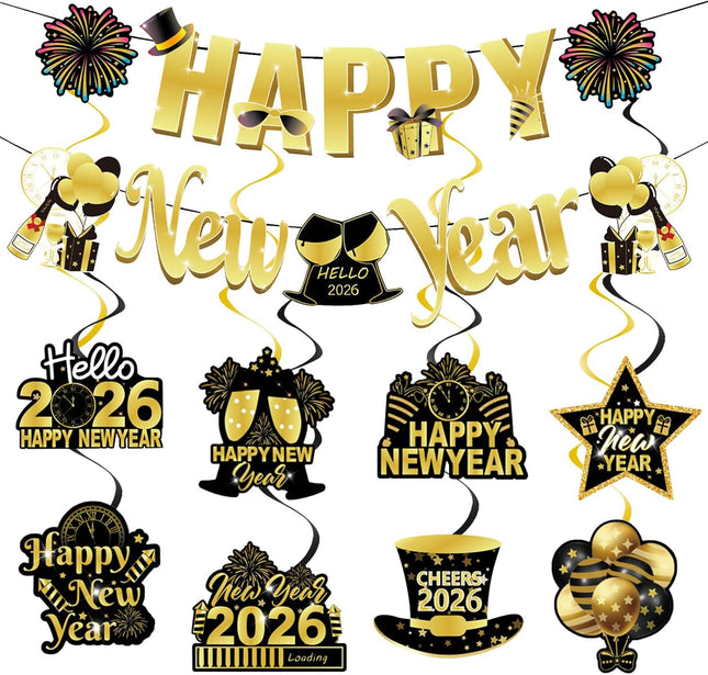Happy New Year 2026 Party Decorations – Black & Gold Banner & Ceiling Swirls