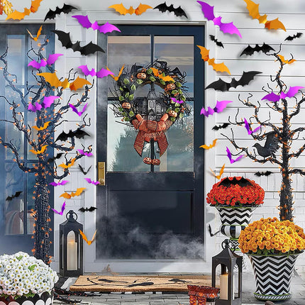 96PCS 3D Halloween Bat Stickers, Black Orange Purple, 5 Sizes, PVC Wall Decor