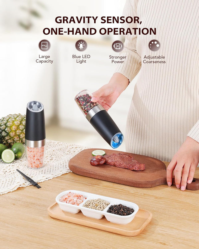 Gravity Electric Salt & Pepper Grinder Set – Automatic Mills with LED Light, Adjustable Coarseness