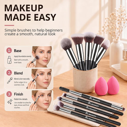 10-Pc Makeup Brush Set with 2 Blending Sponges, Face & Eye Brushes for Beginners