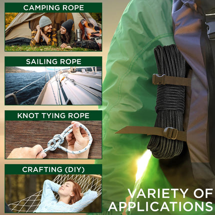 90-150 FT Polypropylene/Nylon Rope – 1/4" & 3/8", Diamond Braided, Black