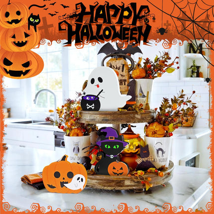 3-Piece Cute Halloween Wooden Decor, Ghost & Pumpkin Tabletop Tiered Tray Signs