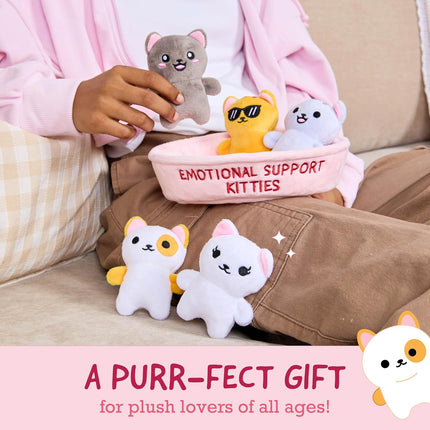 Emotional Support Kitties Plush Toy Set 5 Squishy Stuffed Animals with Basket