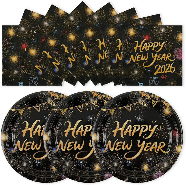 Happy New Year 2026 Tableware Set – 50-Pc Black & Gold Plates & Napkins
