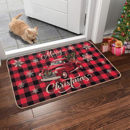 Christmas Red Truck Doormat – 17x30" Non-Slip, Buffalo Plaid