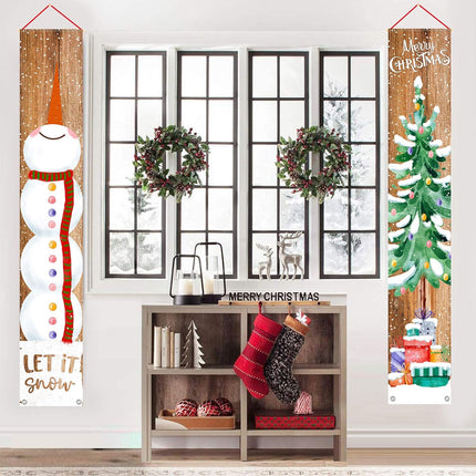 Merry Christmas Porch Sign – Snowman & Xmas Tree Hanging Banner for Holiday Door Décor