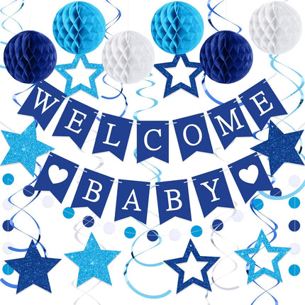 25Pcs Blue Baby Shower Decorations Set with Banner Swirls Honeycomb Balls