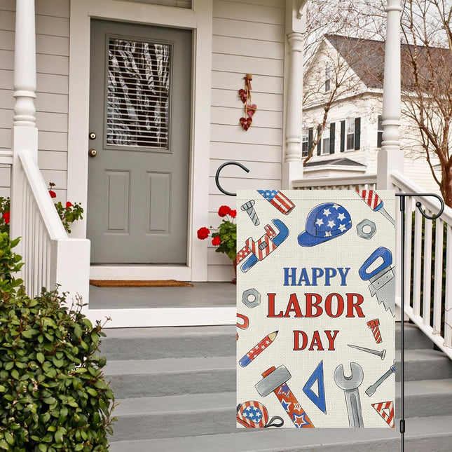 Happy Labor Day Garden Flag 12x18 Double Sided Burlap Tools USA Flag Only