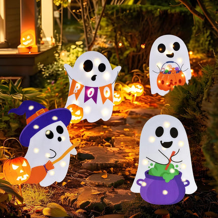 4-Pack Lighted Halloween Ghost Yard Signs, Witch Pumpkin Boo Lawn Stake Decorations