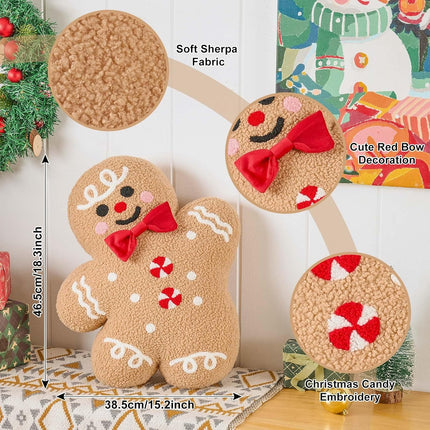 Christmas Gingerbread Boy Pillow Soft Fleece Winter Throw Cushion
