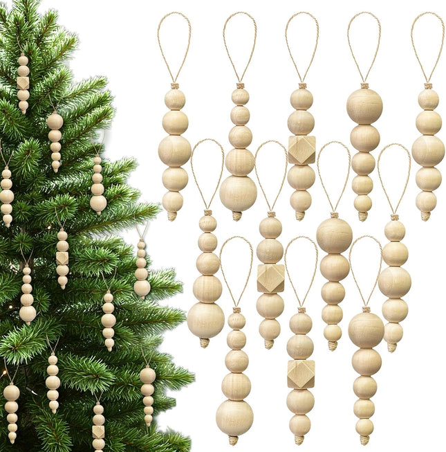 24-Piece Christmas Tree Ornaments, Natural Wooden Beads for Rustic Holiday Decor